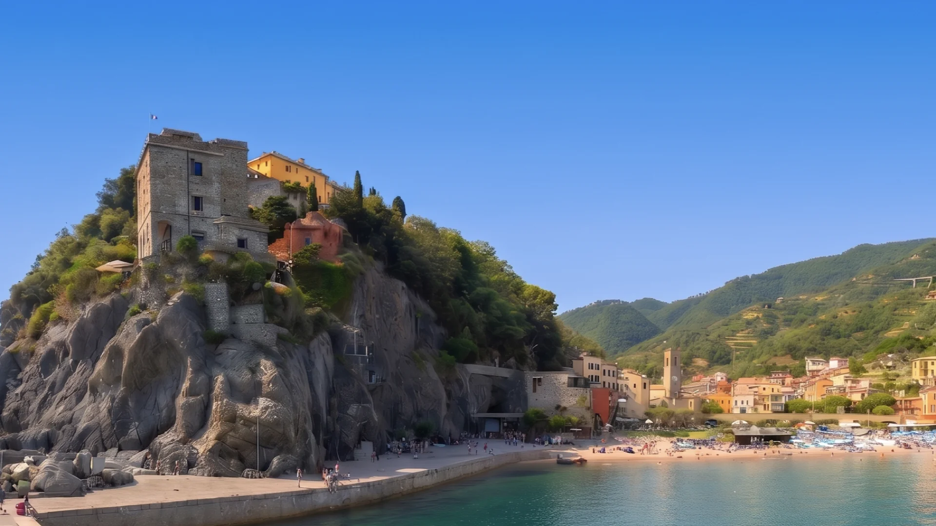 The Aurora tower on the rock between the old town and Fegina beach